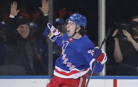 NEW YORK, NEW YORK – DECEMBER 22: Filip Chytil #72 of the New York Rangers celebrates his goal at 7:14 of the first period against the Anaheim Ducks at Madison Square Garden on December 22, 2019 in New York City. (Photo by Bruce Bennett/Getty Images)