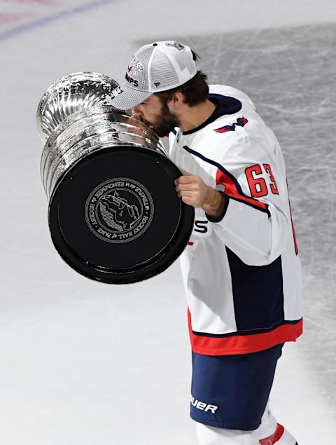 LAS VEGAS, NV – JUNE 07: Shane Gersich #63 of the Washington Capitals kisses the Stanley Cup after Game Five of the 2018 NHL Stanley Cup Final at T-Mobile Arena on June 7, 2018 in Las Vegas, Nevada. The Capitals defeated the Golden Knights 4-3 and won the series four games to one. (Photo by Ethan Miller/Getty Images)