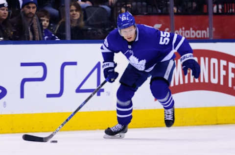 TORONTO, ON – JANUARY 22: Toronto Maple Leafs Defenceman Andreas Borgman (55) skates with the puck during the NHL regular season game between the Colorado Avalanche and the Toronto Maple Leafs on January 22, 2018, at Air Canada Centre in Toronto, ON, Canada. (Photograph by Julian Avram/Icon Sportswire via Getty Images)