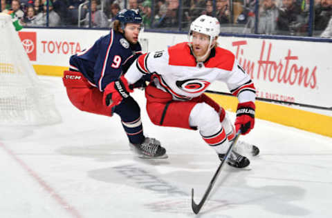 COLUMBUS, OH – MARCH 15: Dougie Hamilton #19 of the Carolina Hurricanes skates against the Columbus Blue Jackets on March 15, 2019 at Nationwide Arena in Columbus, Ohio. (Photo by Jamie Sabau/NHLI via Getty Images)