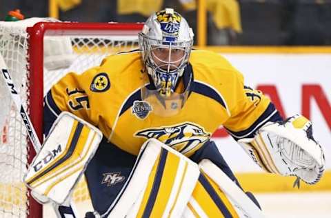 May 9, 2016; Nashville, TN, USA; Nashville Predators goalie Pekka Rinne (35) looks on in net against the San Jose Sharks during the second period in game six of the second round of the 2016 Stanley Cup Playoffs at Bridgestone Arena. Mandatory Credit: Aaron Doster-USA TODAY Sports