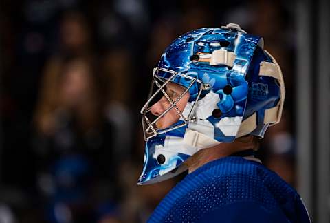 TORONTO, ON – NOVEMBER 15: Frederik Andersen #31 of the Toronto Maple Leafs is pictured during the second period against the Boston Bruins at the Scotiabank Arena on November 15, 2019 in Toronto, Ontario, Canada. (Photo by Mark Blinch/NHLI via Getty Images)