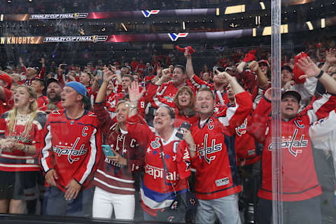 LAS VEGAS, NV – JUNE 07: Washington Capitals fans cheer on and show their support after Game Five of the 2018 NHL Stanley Cup Final between the Washington Capitals and the Vegas Golden Knights at T-Mobile Arena on June 7, 2018 in Las Vegas, Nevada. The Capitals defeated the Golden Knights 4-3 to win the Stanley Cup Final Series 4-1. (Photo by Dave Sandford/NHLI via Getty Images)