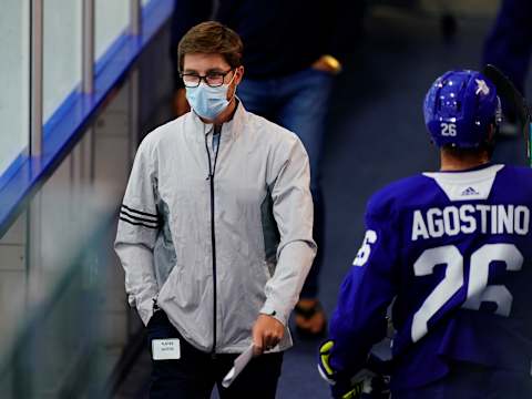 Jul 13, 2020; Toronto, Ontario, Canada; Toronto Maple Leafs general manager Kyle Dubas d  Mandatory Credit: John E. Sokolowski-USA TODAY Sports