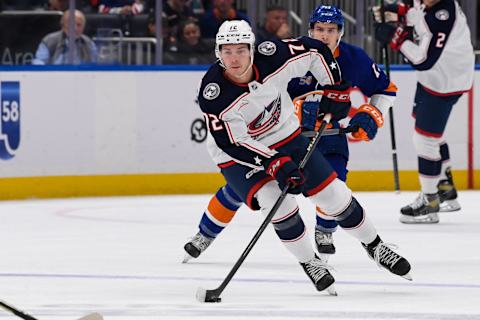 Dec 29, 2022; Elmont, New York, USA; Columbus Blue Jackets right wing Carson Meyer (72) skates with the puck against the New York Islanders during the third period at UBS Arena. Mandatory Credit: Dennis Schneidler-USA TODAY Sports