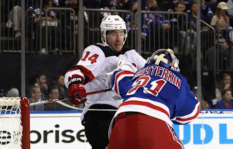 Nathan Bastian #14 of the New Jersey Devils. (Photo by Bruce Bennett/Getty Images)