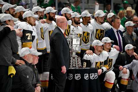 Deputy Commissioner Bill Daly presents the Vegas Golden Knights with the Clarence S. Campbell Bowl after the Golden Knights defeat the Dallas Stars in game six of the Western Conference Finals of the 2023 Stanley Cup Playoffs at American Airlines Center.(Jerome Miron-USA TODAY Sports)