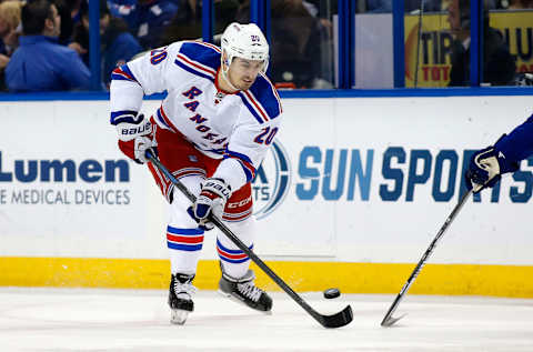 TAMPA, FL – NOVEMBER 26: Chris Kreider #20 of the New York Rangers against the Tampa Bay Lightning at the Amalie Arena on November 26, 2014 in Tampa, Florida. (Photo by Mike Carlson/Getty Images)