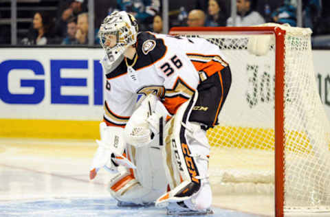 SAN JOSE, CA: Anaheim Ducks goaltender John Gibson (36) guards the net in the third period during game four of the first round of the 2018 Stanley Cup Playoffs on April 18, 2018. (Photo by Samuel Stringer/Icon Sportswire via Getty Images)