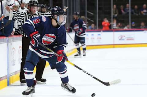 ST. PAUL, MN – SEPTEMBER 19: Team Leopold forward Michael Gildon (9) looks to pass during the USA Hockey All-American Prospects Game between Team Leopold and Team Langenbrunner on September 19, 2018 at Xcel Energy Center in St. Paul, MN. Team Leopold defeated Team Langenbrunner 6-4.(Photo by Nick Wosika/Icon Sportswire via Getty Images)