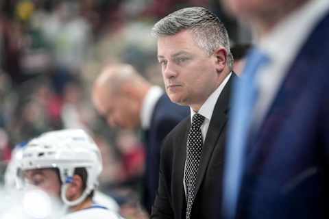 Dec 4, 2021; Saint Paul, Minnesota, USA; Toronto Maple Leafs head coach Sheldon Keefe . Mandatory Credit: Brace Hemmelgarn-USA TODAY Sports