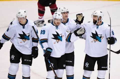 NHL Power Rankings: San Jose Sharks left wing Mikkel Boedker (89) celebrates with teammates after scoring a goal in the third period against Arizona Coyotes at Gila River Arena. Mandatory Credit: Matt Kartozian-USA TODAY Sports