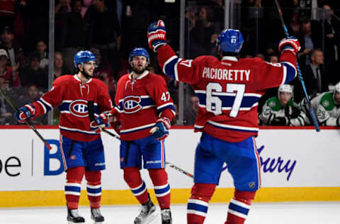 Mar 28, 2017; Montreal, Quebec, CAN; Montreal Canadiens forward Alexander Radulov (47) reacts with teammates including Phillip Danault (24) and Max Pacioretty (67) after scoring a goal against the Dallas Stars during the third period at the Bell Centre. Mandatory Credit: Eric Bolte-USA TODAY Sports