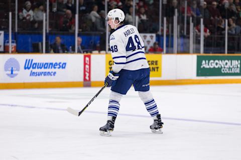 OTTAWA, ON – MARCH 03: Mississauga Steelheads Defenceman Thomas Harley (48) keeps eyes on the play during Ontario Hockey League action between the Mississauga Steelheads and Ottawa 67’s on March 3, 2019, at TD Place Arena in Ottawa, ON, Canada. (Photo by Richard A. Whittaker/Icon Sportswire via Getty Images)