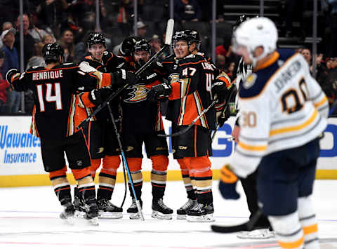 ANAHEIM, CALIFORNIA – OCTOBER 16: Jakob Silfverberg #33 of the Anaheim Ducks celebrates his empty net goal with his teammates, to tkae a 5-2 lead over the Buffalo Sabres, during the third period in a 5-2 Ducks win at Honda Center on October 16, 2019 in Anaheim, California. (Photo by Harry How/Getty Images)