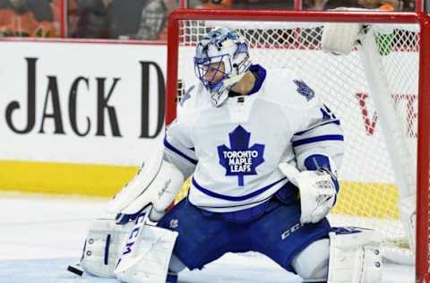 Apr 7, 2016; Philadelphia, PA, USA; Toronto Maple Leafs goalie Jonathan Bernier (45) makes a save against the Philadelphia Flyers during the second period at Wells Fargo Center. Mandatory Credit: Eric Hartline-USA TODAY Sports