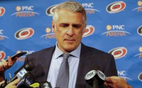 Feb 28, 2016; Raleigh, NC, USA; Carolina Hurricanes general manger Ron Francis holds a press conference during the third period against the St. Louis Blues at PNC Arena. The St. Louis Blues defeated the Carolina Hurricanes 5-2. Mandatory Credit: James Guillory-USA TODAY Sports