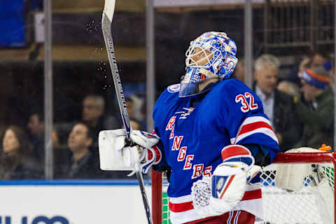 NEW YORK, NY – MARCH 22: New York Rangers Goalie Antti Raanta (32) watches the video replay, after New York Islanders Winger Nikolay Kulemin (not pictured) scored during the third period of a Metropolitan Divisional match-up between the New York Islanders and the New York Rangers on March 22, 2017, at Madison Square Garden in New York, NY. (Photo by David Hahn/Icon Sportswire via Getty Images)