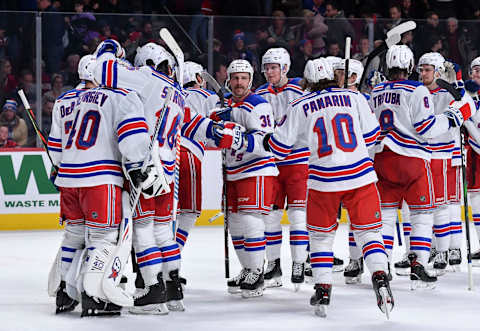 MONTREAL, QC – NOVEMBER 23: New York Rangers’ players celebrate after defeating the Montreal Canadiens in the NHL game at the Bell Centre on November 23, 2019 in Montreal, Quebec, Canada. (Photo by Francois Lacasse/NHLI via Getty Images)