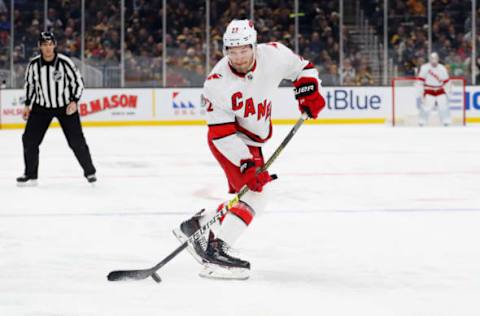 BOSTON, MASSACHUSETTS – DECEMBER 03:Brett Pesce #22 of the Carolina Hurricanes skates against the Boston Bruins during the second period at TD Garden on December 03, 2019 in Boston, Massachusetts. (Photo by Maddie Meyer/Getty Images)