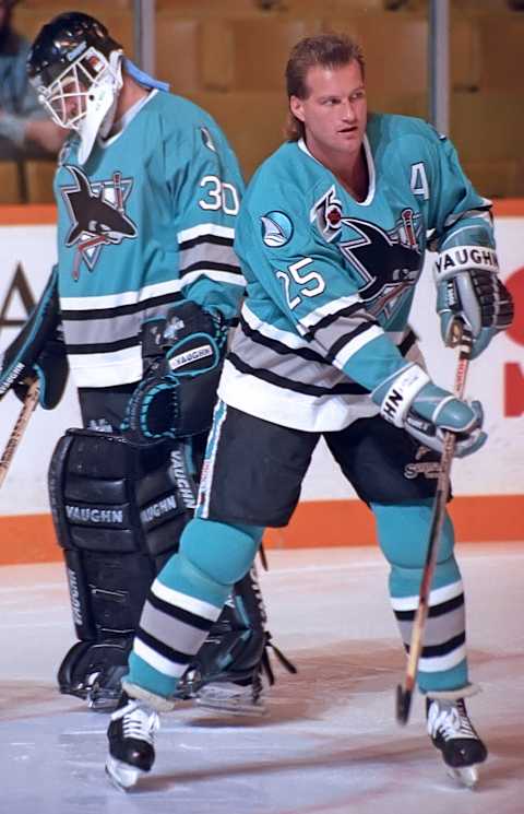 TORONTO, ON – NOVEMBER 4: Bob McGill #25 of the San Jose Sharks skates in warmup prior to a game against the Toronto Maple Leafs on November 4, 1991 at Maple Leaf Gardens in Toronto, Ontario, Canada. (Photo by Graig Abel Collection/Getty Images)