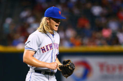 Aug 16, 2016; Phoenix, AZ, USA; New York Mets pitcher pitcher Noah Syndergaard reacts against the Arizona Diamondbacks at Chase Field. Mandatory Credit: Mark J. Rebilas-USA TODAY Sports