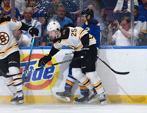 ST. LOUIS, MO – JUNE 9: Brandon Carlo #25 of the Boston Bruins checks Jaden Schwartz #17 of the St. Louis Blues in Game Six of the 2019 NHL Stanley Cup Final at Enterprise Center on June 9, 2019 in St. Louis, Missouri. (Photo by Scott Rovak/NHLI via Getty Images)