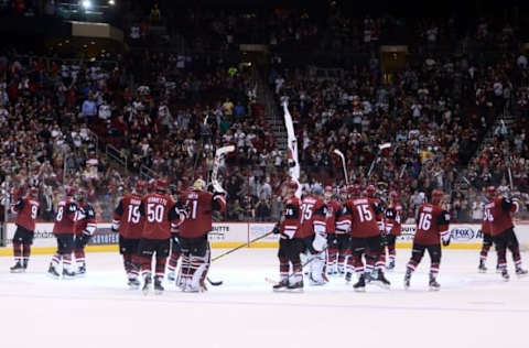 Apr 2, 2016; Glendale, AZ, USA; Arizona Coyotes players celebrate a victory against the Washington Capitals after the third period at Gila River Arena. The Coyotes won 3-0. Mandatory Credit: Joe Camporeale-USA TODAY Sports