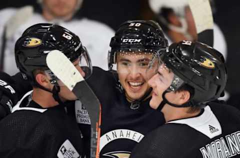 ANAHEIM, CA – July 01: Anaheim Ducks second-round pick 54th overall in 2018 forward Benoit-Oliver Groulx (50) from France reacts after scoring a goal during the Ducks Development Camp held at The Rinks – Anaheim Ice in Anaheim, CA. (Photo by John Cordes/Icon Sportswire via Getty Images)