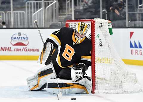 Apr 16, 2021; Boston, Massachusetts, USA; Boston Bruins goaltender Jeremy Swayman (1) handles the puck during the first period against the New York Islanders at TD Garden. Mandatory Credit: Bob DeChiara-USA TODAY Sports