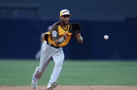 Jul 10, 2016; San Diego, CA, USA; World infielder Amed Rosario fields a ground ball during the All Star Game futures baseball game at PetCo Park. Mandatory Credit: Jake Roth-USA TODAY Sports