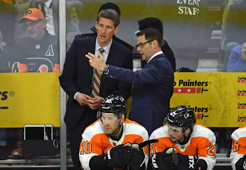 Apr 6, 2019; Philadelphia, PA, USA; Philadelphia Flyers assistant coach Kris Knoblauch and interim head coach Scott Gordon react late in the third period against the Carolina Hurricanes at Wells Fargo Center. Mandatory Credit: Eric Hartline-USA TODAY Sports