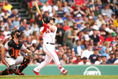 BOSTON, MA – MAY 20: Andrew Benintendi #16 of the Boston Red Sox hits a two-run home run in the fifth inning of a game against the Baltimore Orioles at Fenway Park on May 20, 2018, in Boston, Massachusetts. (Photo by Adam Glanzman/Getty Images)