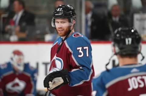 DENVER, CO – APRIL 22: J.T. Compher #37 of the Colorado Avalanche skates prior to the game against the Nashville Predators in Game Six of the Western Conference First Round during the 2018 NHL Stanley Cup Playoffs at the Pepsi Center on April 22, 2018 in Denver, Colorado. (Photo by Michael Martin/NHLI via Getty Images)