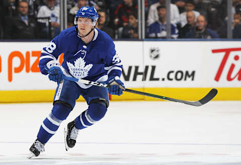 TORONTO, ON – JANUARY 18: Rasmus Sandin #38 of the Toronto Maple Leafs s  (Photo by Claus Andersen/Getty Images)