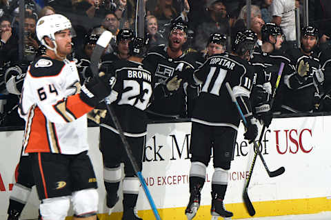 LOS ANGELES, CA – SEPTEMBER 23: Dustin Brown #23 of the Los Angeles Kings and Anze Kopitar #11 celebrate Dustin Brown’s third-period goal with teammates during the third period of the preseason game against the Anaheim Ducks at STAPLES Center on September 23, 2019 in Los Angeles, California. (Photo by Adam Pantozzi/NHLI via Getty Images)