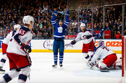 TORONTO, ON – NOVEMBER 19: Zach Hyman #11 of the Toronto Maple Leafs celebrates his goal against Sergei Bobrovsky #72 of the Columbus Blue Jackets during the third period at the Scotiabank Arena on November 19, 2018 in Toronto, Ontario, Canada. (Photo by Mark Blinch/NHLI via Getty Images)