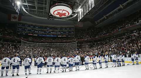 TORONTO – OCTOBER 4: Too celebrate the achievements of three former Toronto Maple Leafs players, Leonard “Red” Kelly, Clarence “Hap” Day, and Borje Salming, . (Photo by Dave Sandford/Getty Images)