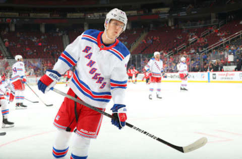 NEWARK, NJ – SEPTEMBER 30: Vitali Kravtsov #74 of the New York Rangers warms up prior to the game against the New Jersey Devils on September 30, 2022, at the Prudential Center in Newark, New Jersey. (Photo by Rich Graessle/Getty Images)