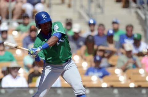 Mar 17, 2016; Phoenix, AZ, USA; Kansas City Royals right fielder Jorge Bonifacio (38) swings at a pitch during the first inning against the Los Angeles Dodgers at Camelback Ranch. Mandatory Credit: Joe Camporeale-USA TODAY Sports