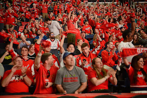 WASHINGTON, DC – MAY 23: The Washington Capitals hold a free viewing party during which fans can watch the game on the jumbotron at the Capital One Arena in Washington, D.C., May 23, 2018, prior a winner-take-all game seven between the Washington Capitals and Tampa Bay Lightning. The Capitals stayed in the Stanley Cup competition by winning in game six. (Astrid Riecken For The Washington Post via Getty Images)