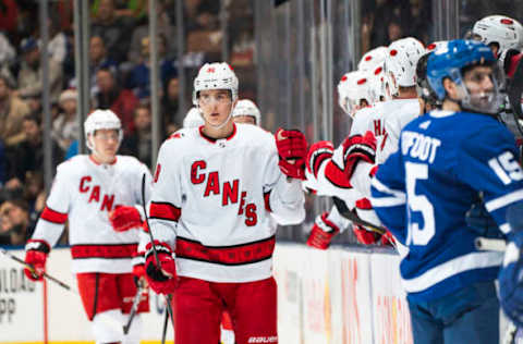 TORONTO, ON – DECEMBER 23: Martin Necas #88 of the Carolina Hurricanes celebrates his second goal against the Toronto Maple Leafs during the second period at the Scotiabank Arena on December 23, 2019 in Toronto, Ontario, Canada. (Photo by Kevin Sousa/NHLI via Getty Images)