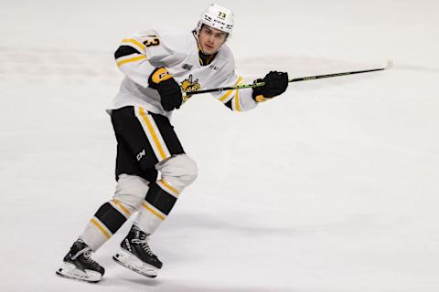 WINDSOR, ONTARIO – MARCH 04: Forward Luca Del Bel Belluz #73 of the Sarnia Sting skates against the Windsor Spitfires at WFCU Centre on March 04, 2023 in Windsor, Ontario. (Photo by Dennis Pajot/Getty Images)