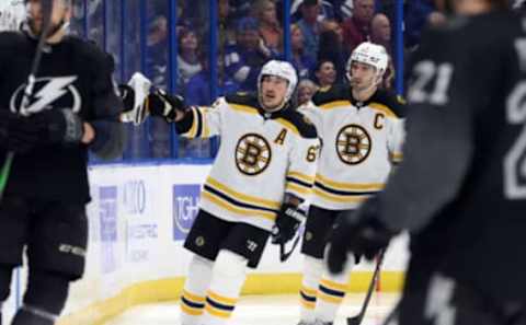 Jan 8, 2022; Tampa, Florida, USA; Boston Bruins left wing Brad Marchand (63) celebrates after scoring a goal against the Tampa Bay Lightning during the second period at Amalie Arena. Mandatory Credit: Kim Klement-USA TODAY Sports