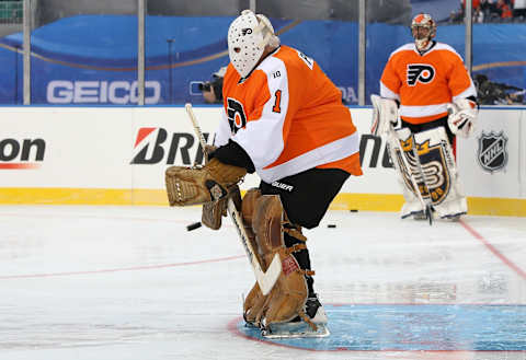 The Flyers’ Bernie Parent warms up during the 2012 Bridgestone NHL Winter Classic Alumni Game. (Photo by Jim McIsaac/Getty Images)