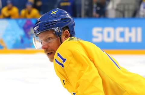 SOCHI, RUSSIA – FEBRUARY 15: Daniel Alfredsson #11 of Sweden looks on against Latvia during the Men’s Ice Hockey Preliminary Round Group C game on day eight of the Sochi 2014 Winter Olympics at Shayba Arena on February 15, 2014 in Sochi, Russia. (Photo by Martin Rose/Getty Images)