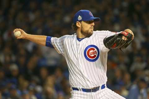 Oct 29, 2016; Chicago, IL, USA; Chicago Cubs starting pitcher John Lackey (41) delivers a pitch during the second inning in game four of the 2016 World Series against the Cleveland Indians at Wrigley Field. Mandatory Credit: Jerry Lai-USA TODAY Sports