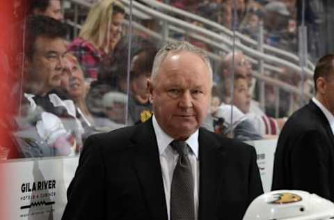 GLENDALE, AZ – FEBRUARY 24: Head coach Randy Carlyle of the Anaheim Ducks looks on from the bench against the Arizona Coyotes at Gila River Arena on February 24, 2018, in Glendale, Arizona. (Photo by Norm Hall/NHLI via Getty Images)