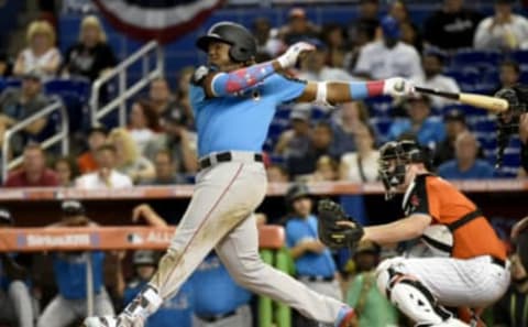 MIAMI, FL – JULY 9: Vladimir Guerrero Jr. #27 of the World Team bats during the SirusXM All-Star Futures Game at Marlins Park on Sunday, July 9, 2017 in Miami, Florida. (Photo by LG Patterson/MLB Photos via Getty Images)