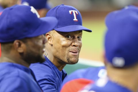 ARLINGTON, TX-MAY 22: Texas Ranger’s third baseman Adrian Beltre (29) has fun with his teammates on the bench during the game between the Texas Rangers and the New York Yankees on May 22, 2018, at Globe Life Park in Arlington, Texas. The Rangers defeat the Yankees 6-4. (Photo by Matthew Pearce/Icon Sportswire via Getty Images)